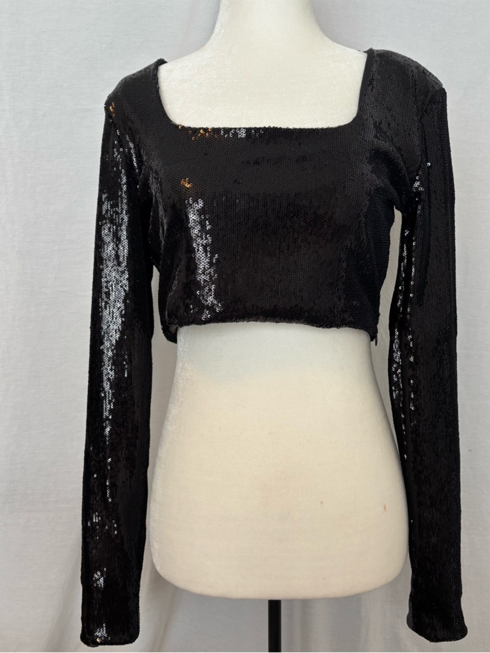 Forever 21 Black Sequin Crop Top Long Sleeve Party Club Y2K Holiday Glam S